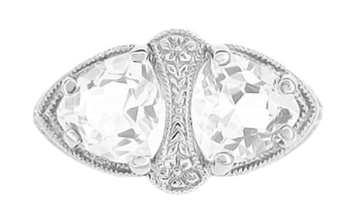Art Deco Filigree White Topaz Loving Duo Ring in 14 Karat White Gold - Item: R1129WWT - Image: 2