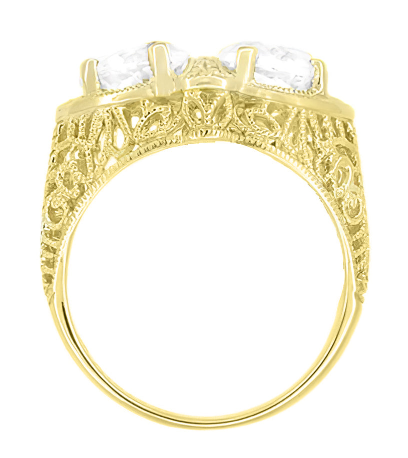 Yellow Gold Art Deco Filigree White Topaz Loving Duo Ring - Item: R1129YWT - Image: 3