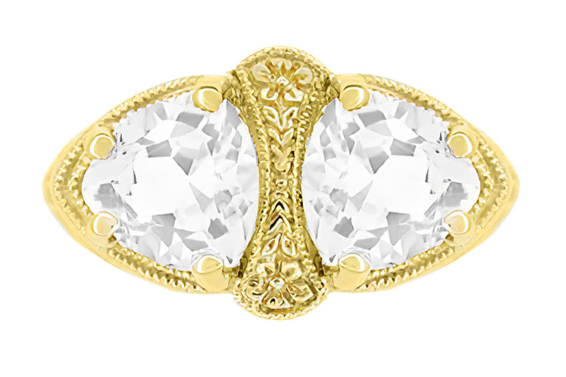 Yellow Gold Art Deco Filigree White Topaz Loving Duo Ring - Item: R1129YWT - Image: 2