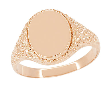 Rose Gold Victorian Oval Signet Ring with Heirloom Scroll Engraved Sides