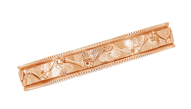 Rose Gold Art Deco Engraved Floral Fan Wedding Band with Millgrain Edges - 4mm Wide - Item: R1159R - Image: 2