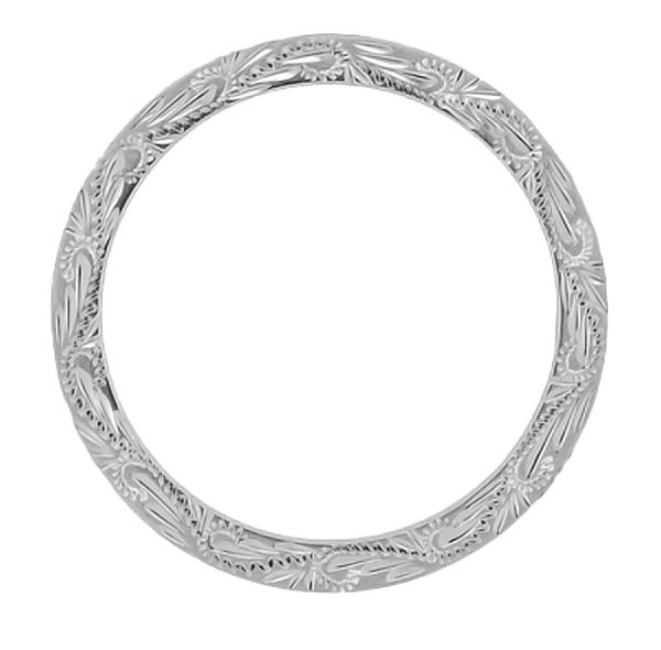 Outside Engraving on Hand Carved Scrolls & Leaves Vintage Wedding Ring in 14K White Gold with Western Engraved Pattern
