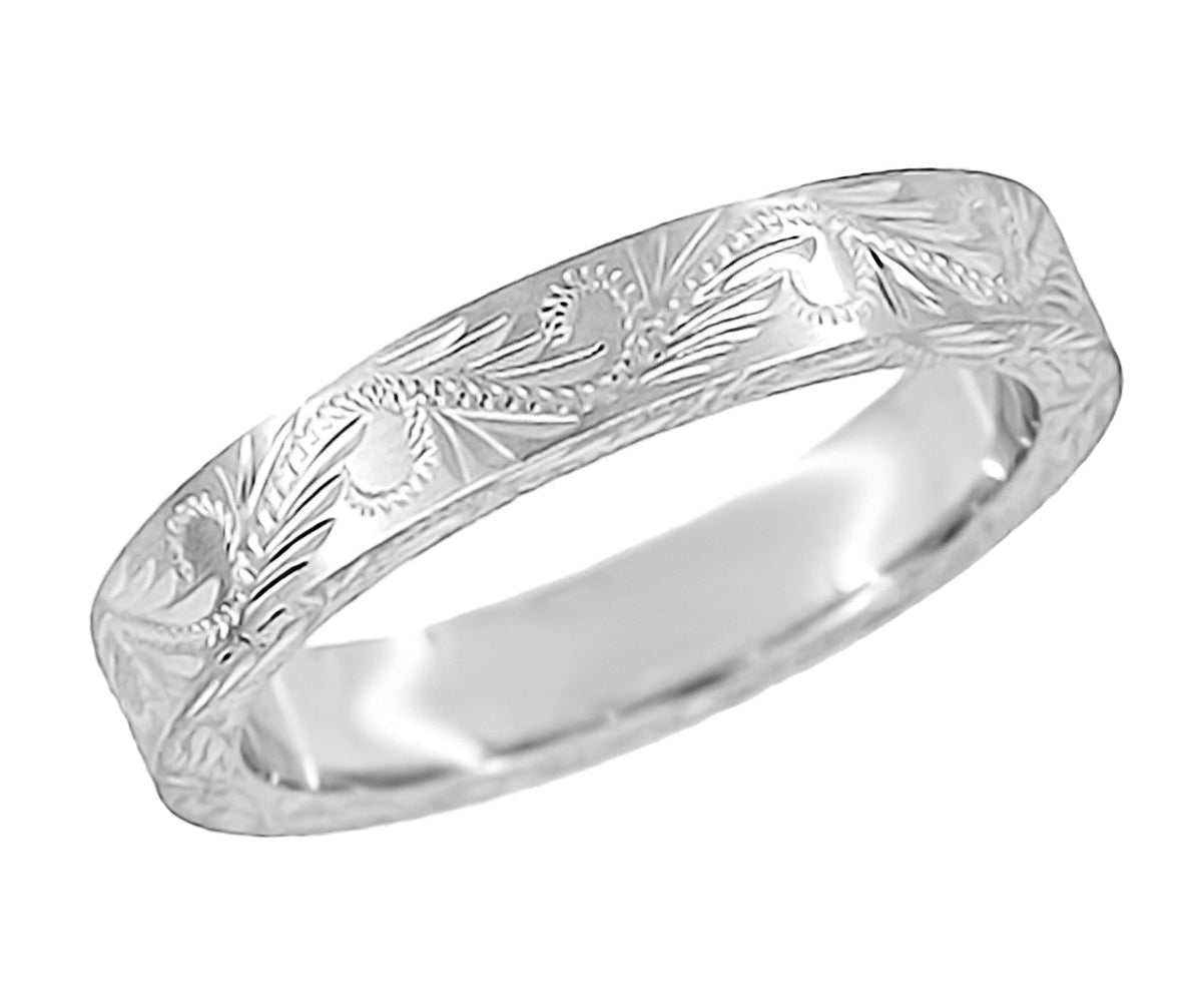Western Carved Leaves & Scrolls 5mm Wide Platinum Vintage Style Wedding Ring