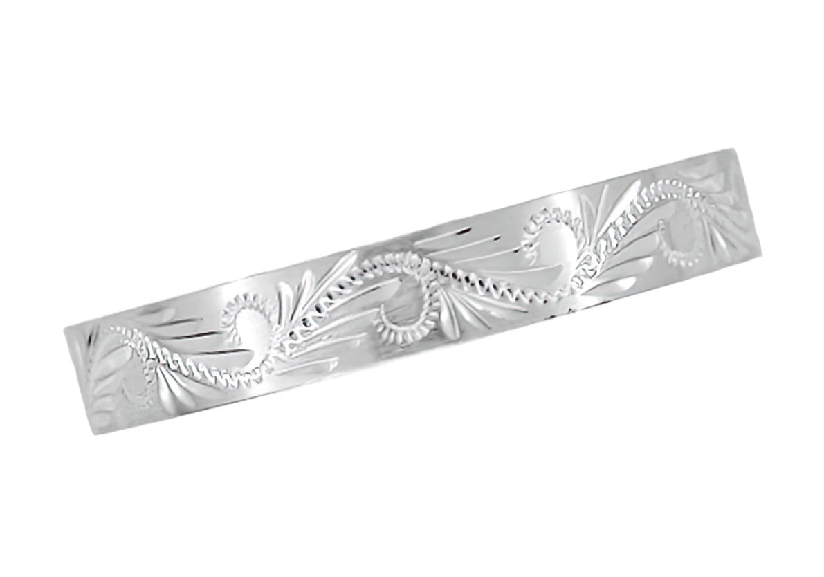 Western Carved Leaves & Scrolls 5mm Wide Platinum Vintage Style Wedding Ring - Item: R1161P - Image: 2