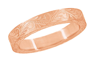 14 Karat Rose Gold 5mm Wide Western Engraved Scrolls & Leaves Vintage Style Wedding Ring
