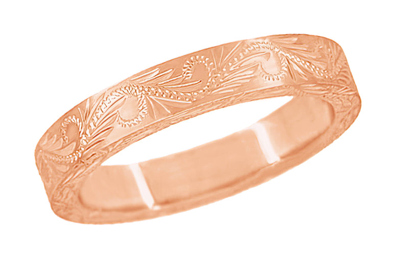 14 Karat Rose Gold 5mm Wide Western Engraved Scrolls & Leaves Vintage Style Wedding Ring