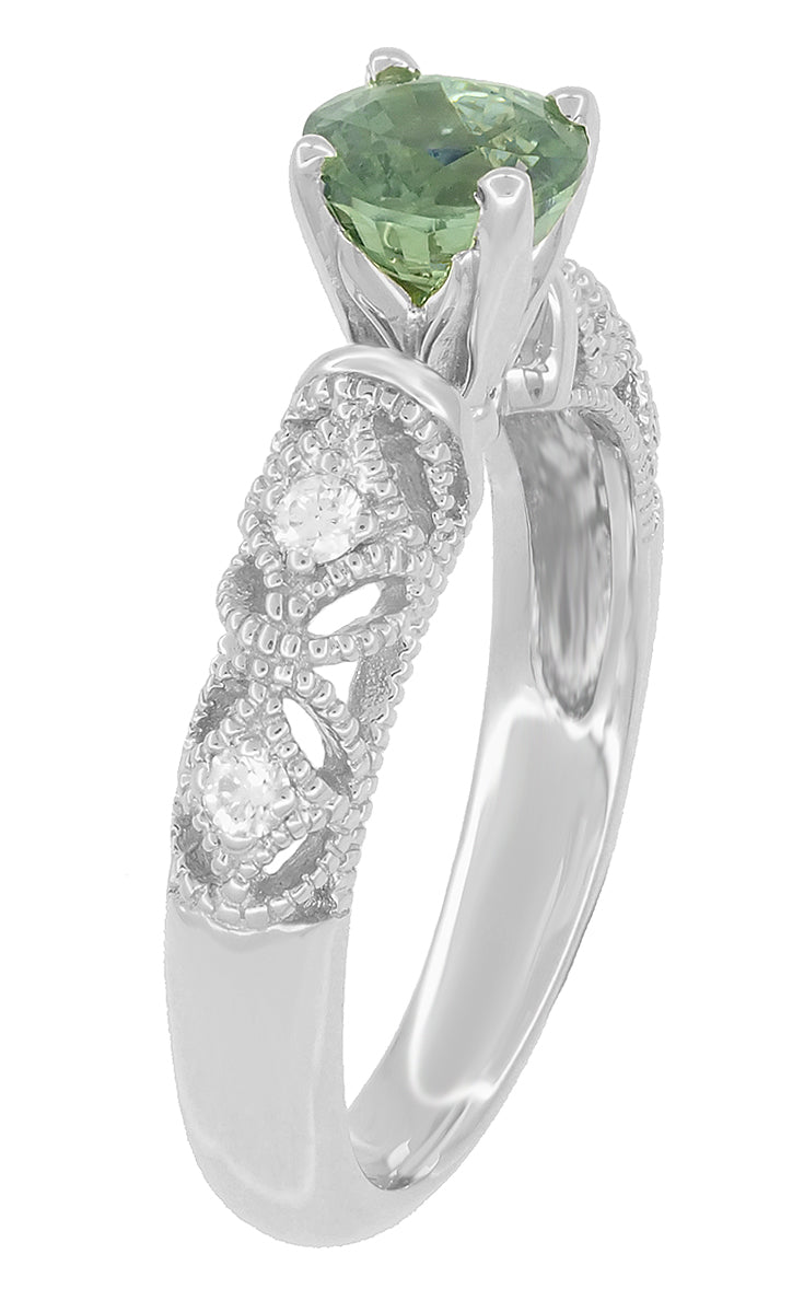 Freda Antique Inspired Filigree Green Sapphire and Diamond Engagement Ring in 14K White Gold - Item: R1190W2GS - Image: 6
