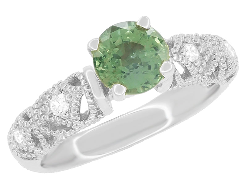 Freda Antique Inspired Filigree Green Sapphire and Diamond Engagement Ring in 14K White Gold - Item: R1190W2GS - Image: 3