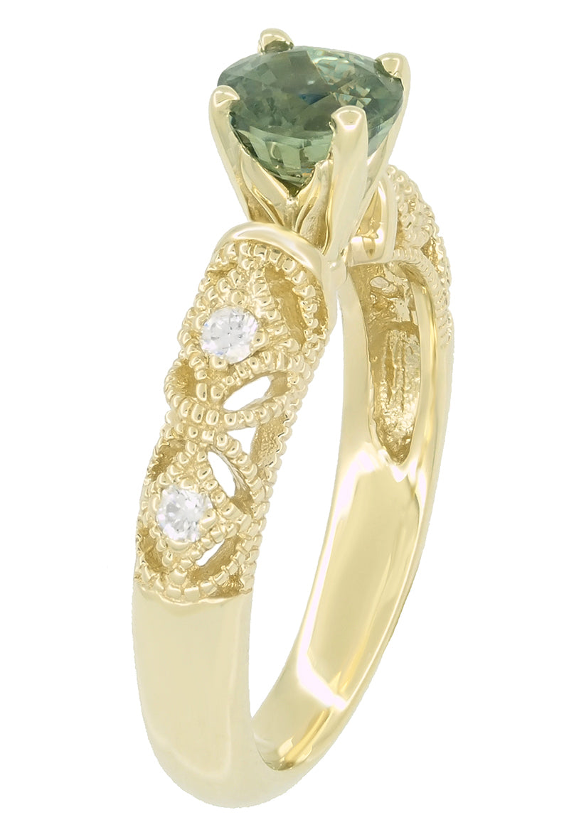 Adele Vintage Inspired Filigree Green Sapphire and Diamond Engagement Ring in 14K Yellow Gold - Item: R1190Y2GS - Image: 5