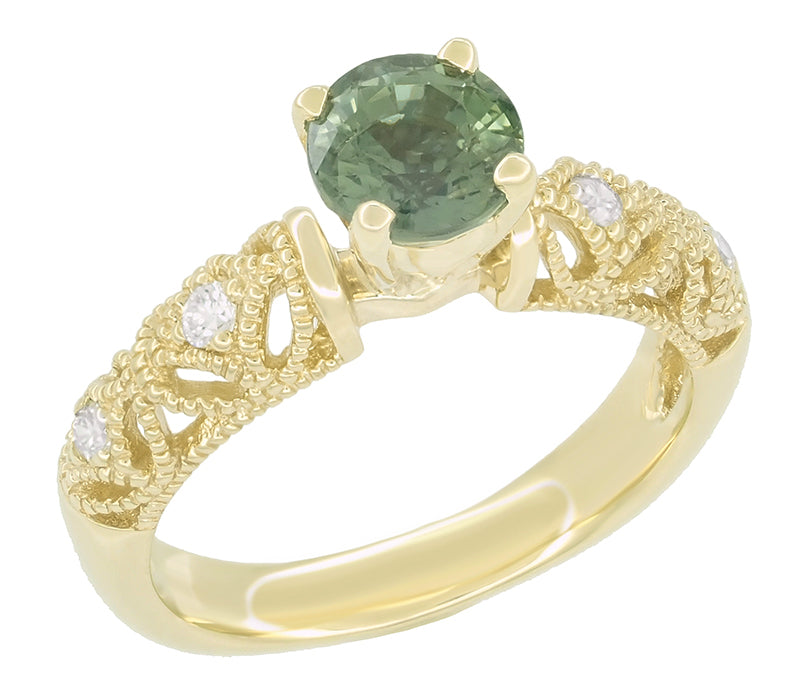 Adele Vintage Inspired Filigree Green Sapphire and Diamond Engagement Ring in 14K Yellow Gold - Item: R1190Y2GS - Image: 2