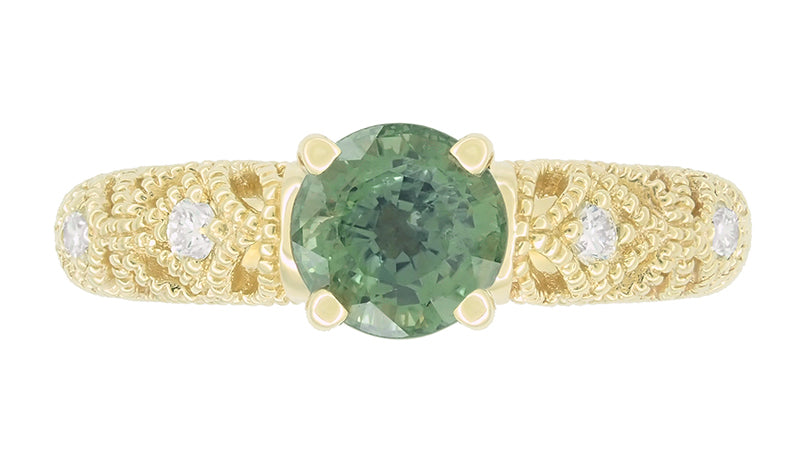 Adele Vintage Inspired Filigree Green Sapphire and Diamond Engagement Ring in 14K Yellow Gold - Item: R1190Y2GS - Image: 4