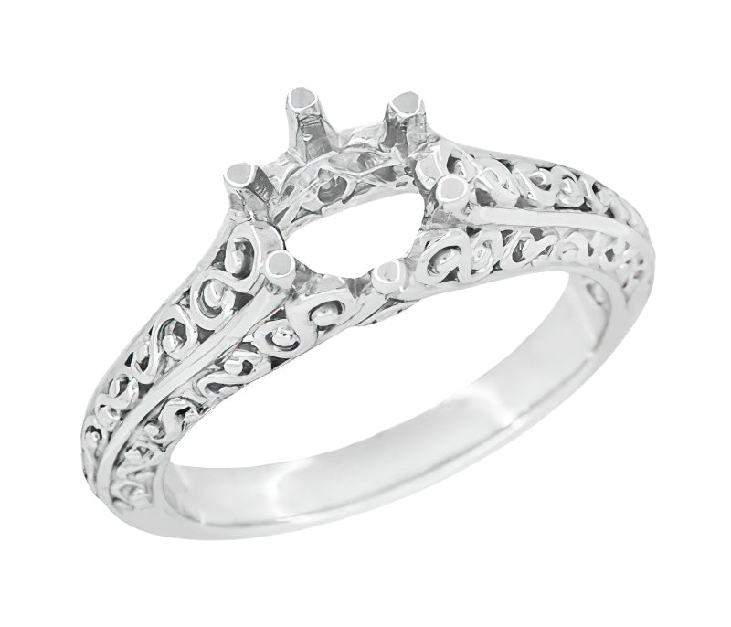 Filigree Flowing  Scrolls Edwardian Engagement Ring Setting for a 3/4 Carat Diamond in 14 Karat White Gold