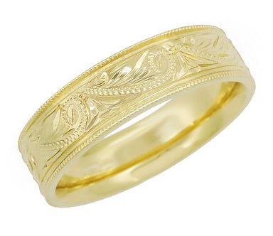 Yellow Gold Men's Engraved Art Deco Scrolls 6mm Vintage Style Western Wedding Band - alternate view