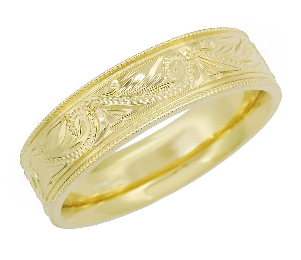 Yellow Gold Men's Engraved Art Deco Scrolls 6mm Vintage Style Western Wedding Band - Item: R1204Y - Image: 2