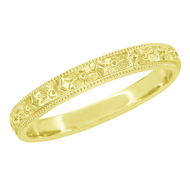 Yellow Gold Vintage Wedding Ring With Engraved Floral Pattern - Edwardian Pansy Flowers Hand Carved Band 3mm Wide - R1234Y