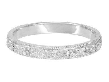 Edwardian Pansy Flowers Hand Engraved Wedding Band in White Gold - 3mm Wide - alternate view