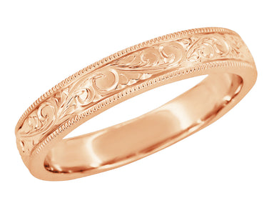 Victorian Hand Engraved Acanthus Antique Rose Gold Mens Wedding Band 4mm Wide with Milgrain on Edges - R1235MR