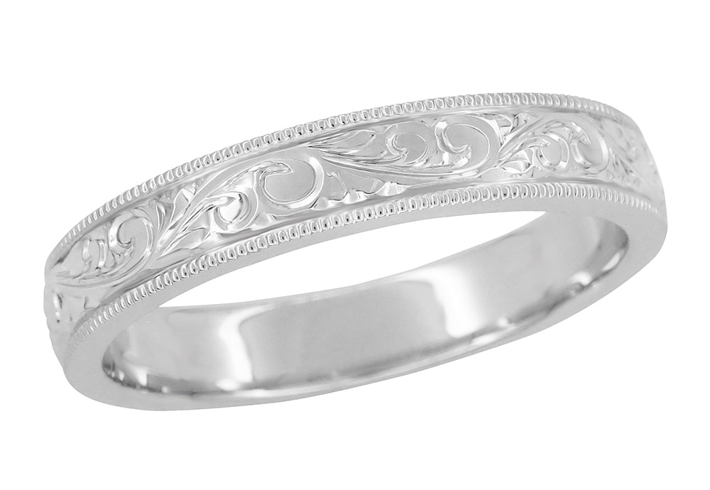 Carved Acanthus Pattern Victorian Antique Mens Wedding Band - White Gold - 4mm Wide - Hand Engraved - R1235MW