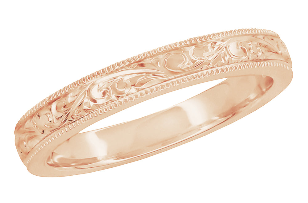 Antique Style Victorian Acanthus Engraved Wedding Band in 14 Karat Rose Gold - 3mm