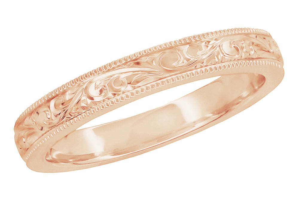 Rose Gold Acanthus Scroll Engraved Antique Victorian Wedding Band for a Woman 3mm Wide