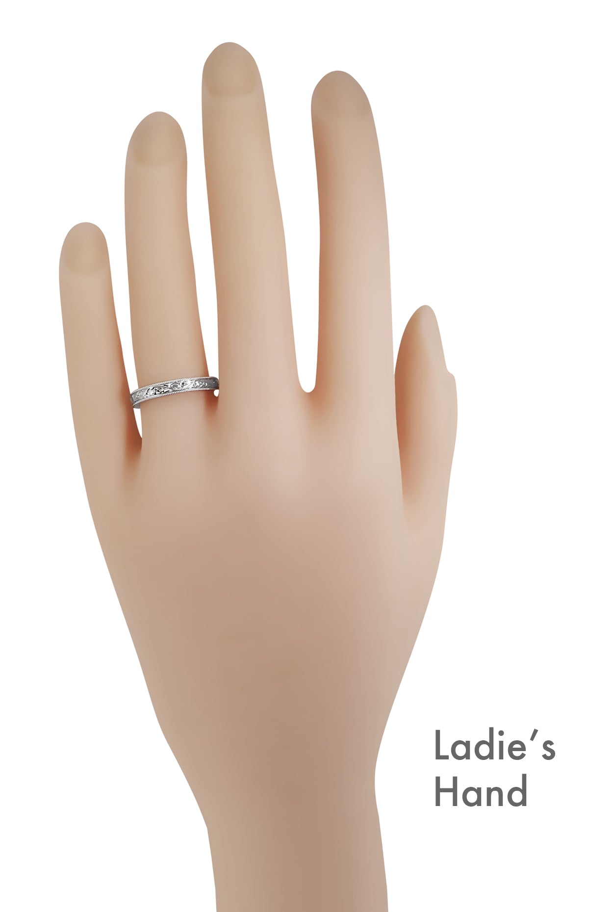 3mm Wide White Gold Acanthus Antique Wedding Ring on a Womens Hand  - R1235W