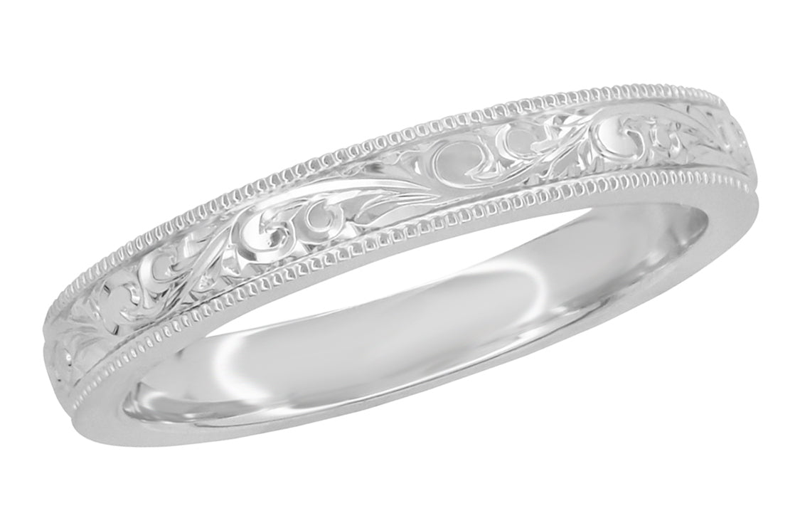 White Gold Victorian Hand Carved Acanthus Scrolls Pattern Vintage Wedding Band - 3mm - R1235W