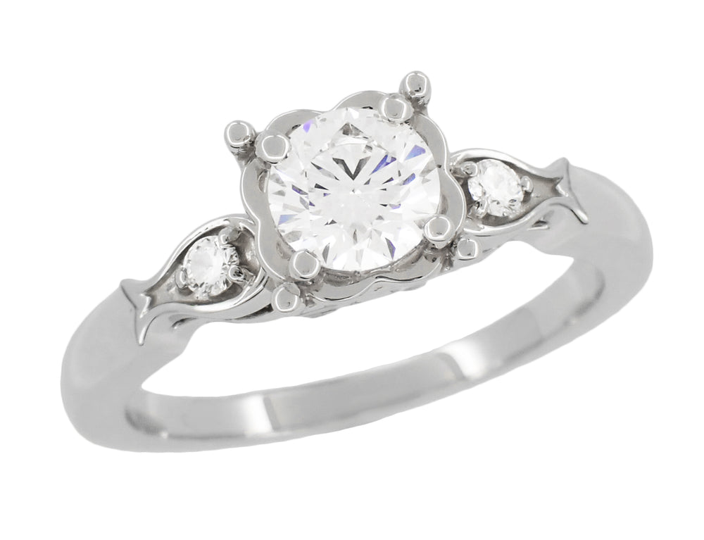 Mid Century Diamond Engagement Ring with Fish Shaped Side Silhouettes in White Gold - 1/2 Carat Center Diamond in a Square Fishtail Setting