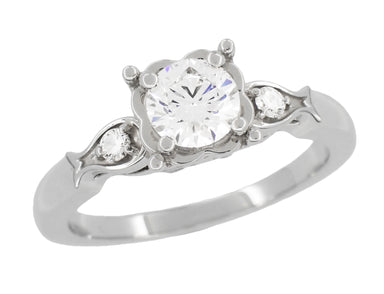 Mid Century Diamond Engagement Ring with Fish Shaped Side Silhouettes in White Gold - 1/2 Carat Center Diamond in a Square Fishtail Setting