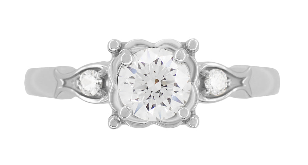 Mid Century Diamond Engagement Ring with Fish Shaped Side Silhouettes in White Gold - 1/2 Carat Center Diamond in a Square Fishtail Setting - Item: R1243W - Image: 3