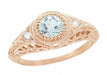 Rose Gold Engraved Filigree Art Deco Aquamarine Low Dome Engagement Ring with Side Diamonds