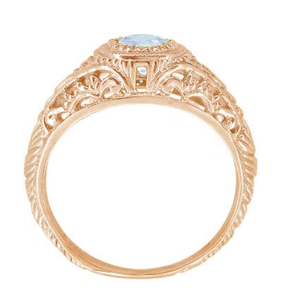 Rose Gold Engraved Filigree Art Deco Aquamarine Low Dome Engagement Ring with Side Diamonds - Item: R138RA - Image: 3