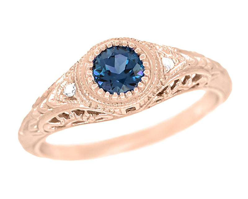 14 Karat Rose Gold Art Deco Filigree Lab Created Alexandrite Engagement Ring With Side Diamonds