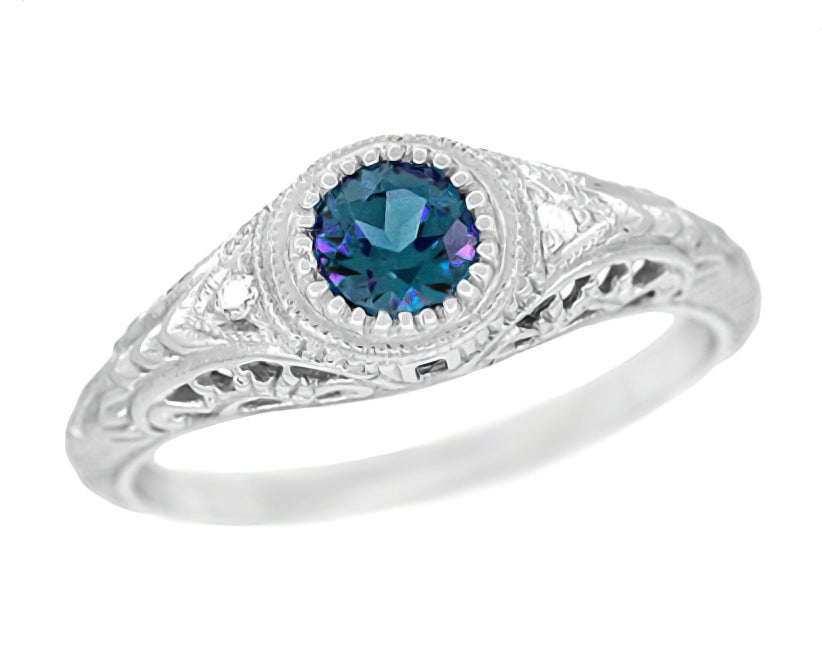 Art Deco Filigree Lab Created Alexandrite Engagement Ring in 14 Karat White Gold With Side Diamonds