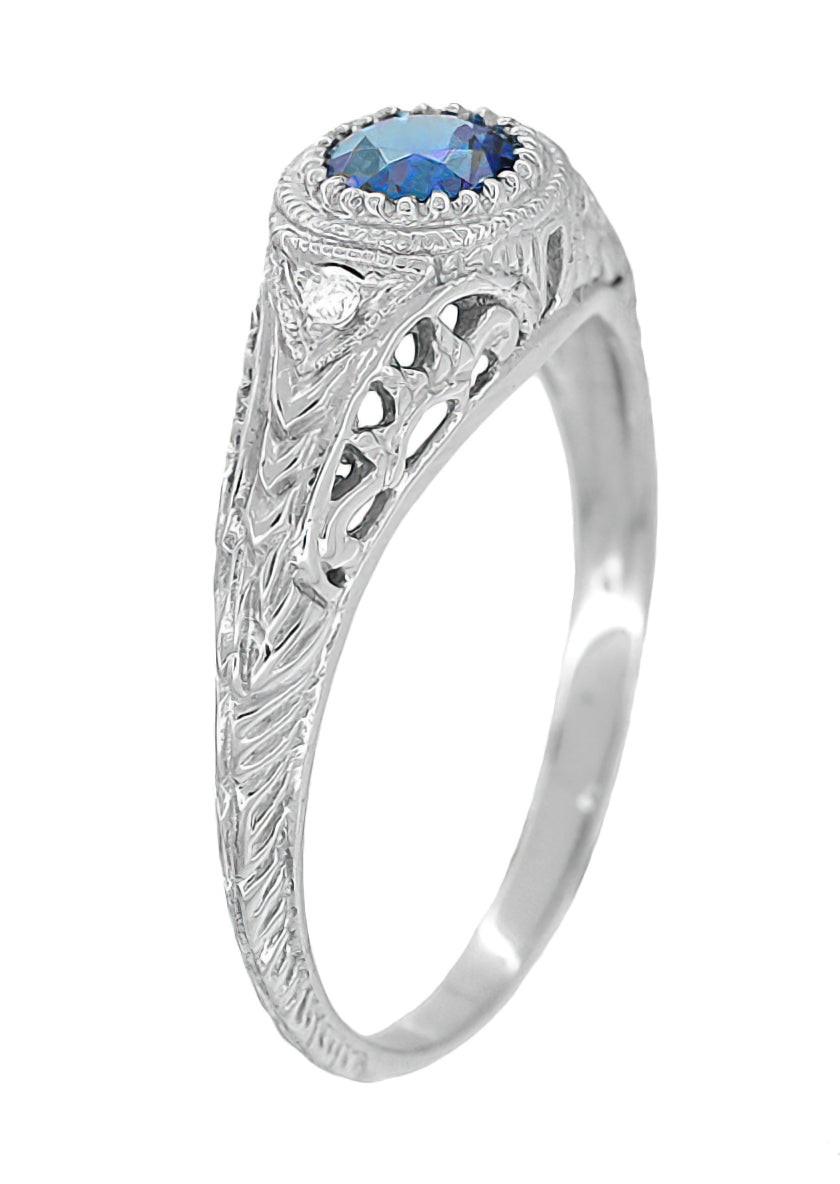 1920's Art Deco Filigree Lab Alexandrite Engagement Ring in White Gold With Side Diamonds - Item: R138WAL - Image: 2