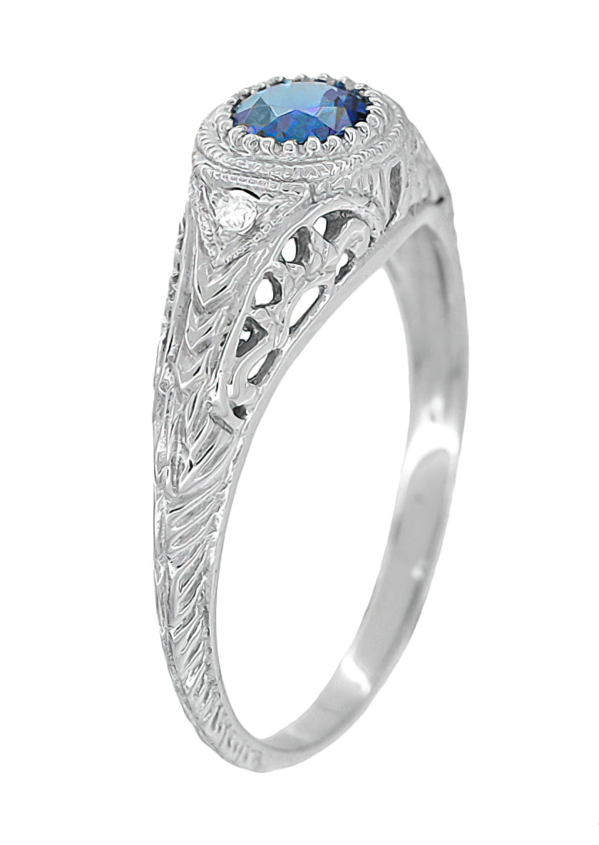 Art Deco Filigree Lab Created Alexandrite Engagement Ring in 14 Karat White Gold With Side Diamonds - Item: R138WAL - Image: 2
