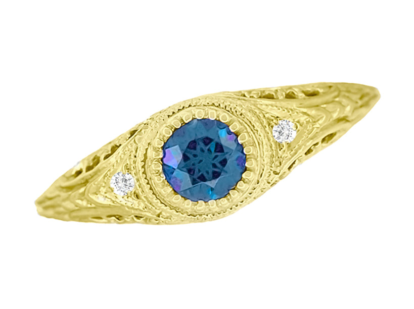 Art Deco Yellow Gold Low Dome Filigree Alexandrite Engagement Ring with Side Diamonds - Item: R138YAL - Image: 3