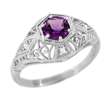 Edwardian Filigree Scroll Dome Antique Style Platinum Amethyst Engagement Ring with Side Diamonds