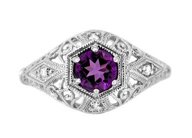 Edwardian Filigree Scroll Dome Antique Style Platinum Amethyst Engagement Ring with Side Diamonds - alternate view
