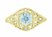 Edwardian Aquamarine and Side Diamonds Scroll Dome Hexagon Filigree Antique Engagement Ring in Yellow Gold