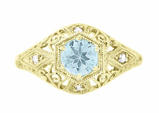 Edwardian Aquamarine and Side Diamonds Scroll Dome Hexagon Filigree Antique Engagement Ring in Yellow Gold