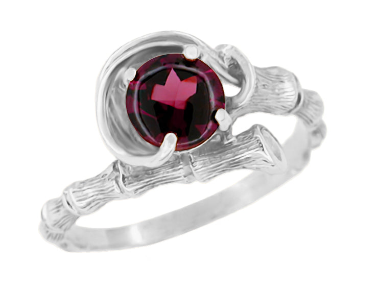 Bamboo Bypass 1970's Cabochon Rhodolite Garnet Ring in White Gold