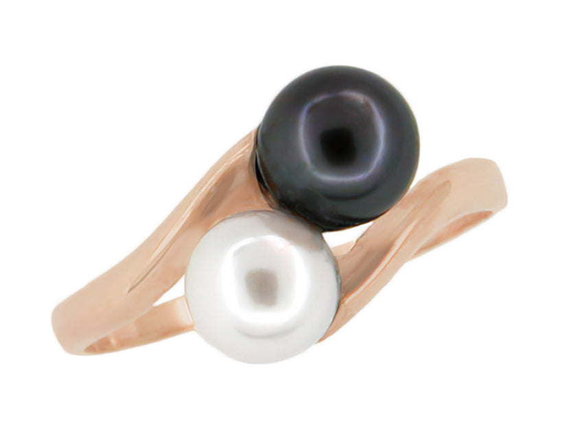 Yin and Yang Taijitu Ring with Black and White Pearls in Rose Gold - R143R