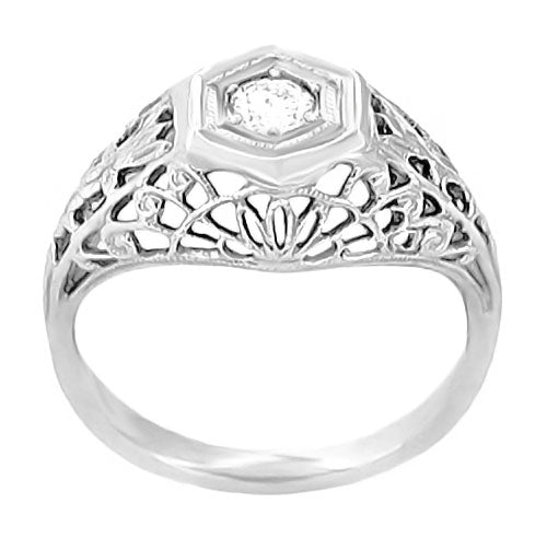 Art Deco Filigree Dome 0.20 Carat Diamond Engagement Ring in 14 Karat White Gold - Item: R148-LC - Image: 2
