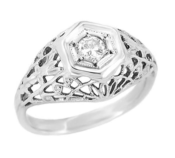 Art Deco Cornfield Domed Filigree Platinum and Diamond Engagement Ring 1930s Vintage Antique Jewelry Mall