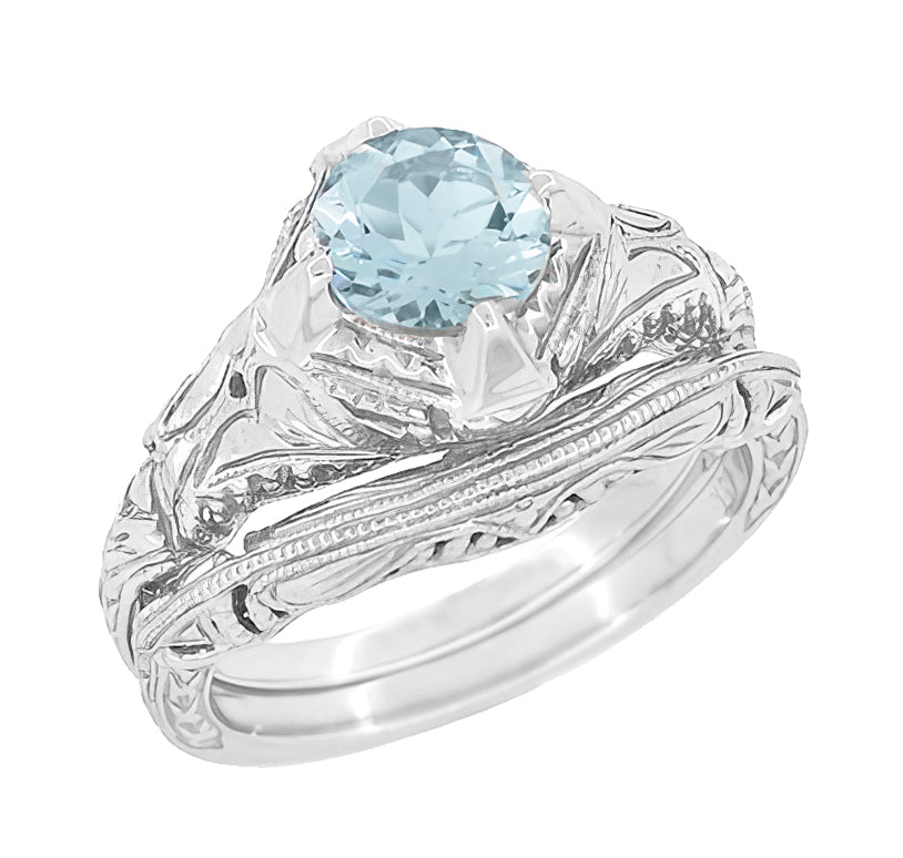 Platinum 1920's Antique Reissue Art Deco Filigree Aquamarine Engagement Ring - Item: R161PA - Image: 3