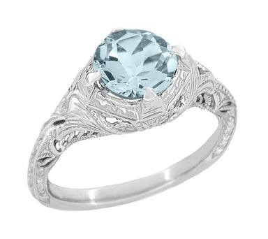 Art Deco Engraved Filigree Aquamarine Engagement Ring in 14 Karat White Gold -  1.25 Carat - alternate view