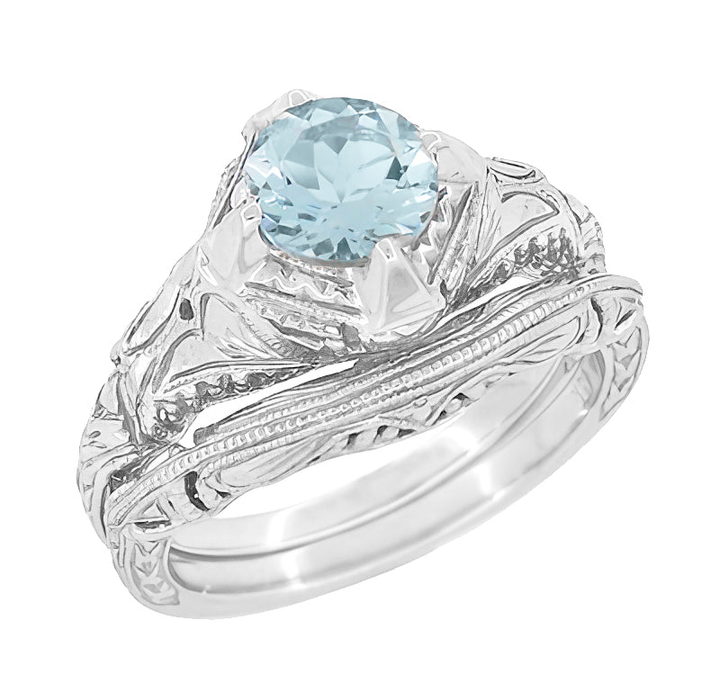 Art Deco Engraved Filigree Aquamarine Engagement Ring in 14 Karat White Gold -  1.25 Carat - Item: R161WA - Image: 3
