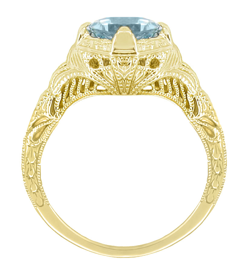 Art Deco 1.25 Carat Aquamarine Engraved Filigree Engagement Ring in 14 Karat Yellow Gold - Item: R161YA - Image: 2