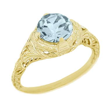 Art Deco 1.25 Carat Aquamarine Engraved Filigree Engagement Ring in 14 Karat Yellow Gold