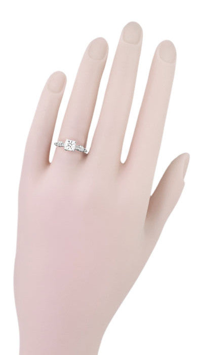 Art Deco Hearts and Clovers 1/2 Carat Diamond Solitaire Engagement Ring in 14K White Gold - Item: R163W50D-LC - Image: 4